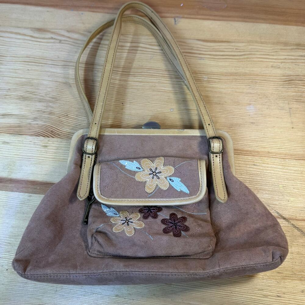 Fossil Forever Floral Embroidered Suede Leather Shoulder Bag Brown Tan